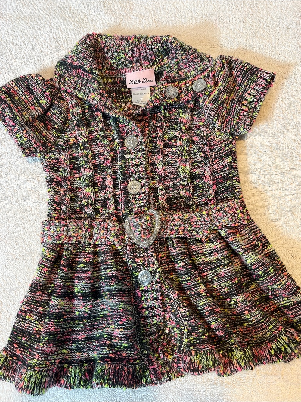 Little Lass Black Multicolor Speckled Knit sweater with Heart Buckle Toddler SZ